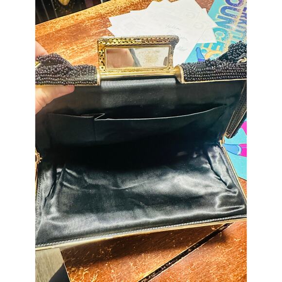 Vintage 70s/80s Black Beaded Embroidered Clutch Closure Beaded Handled Handbag - Picture 7 of 12